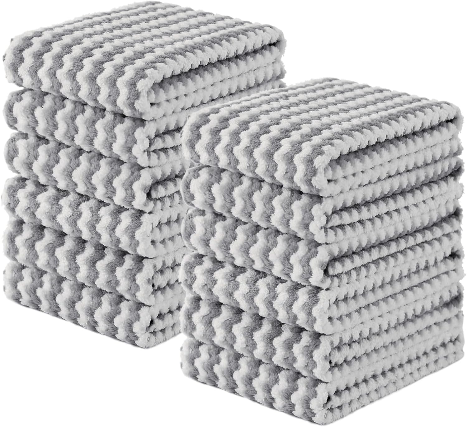 Homaxy Kitchen Towels(12 Pack, 10 x 20 inches), Ultra Soft and Absorbent Dish Towels, Reusable Fast Drying Microfiber Cleaning Cloth, Coral Velvet Wave Design No-lint, Grey