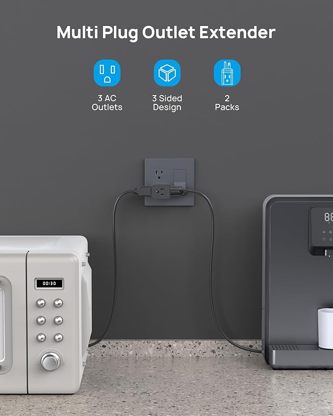 TROND Multi Plug Outlet Extender 2 Pack - Horizontal Electrical Wall Outlet Splitter, 3 Way Plug Extension Outlet Adapter, Multiple Plug Extender for Home Office Cruise Ship Essentials, Black