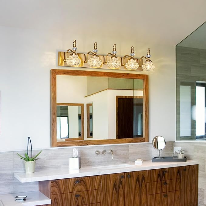 Modern Glass Crystal Vanity Light - Vintage Bathroom Lighting Fixtures Over Mirror, 5 Light Vanity Lights G9 Bulb (35.43 Inch, Gold)