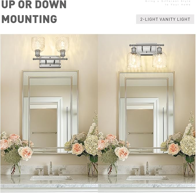 zeyu 14 Inch Modern Vanity Lighting Fixtures, 2 Light Bathroom Vanity Light for Mirror Bedroom, Brushed Nickel Finish with Clear Hammered Glass, ZJF63B-2W BN