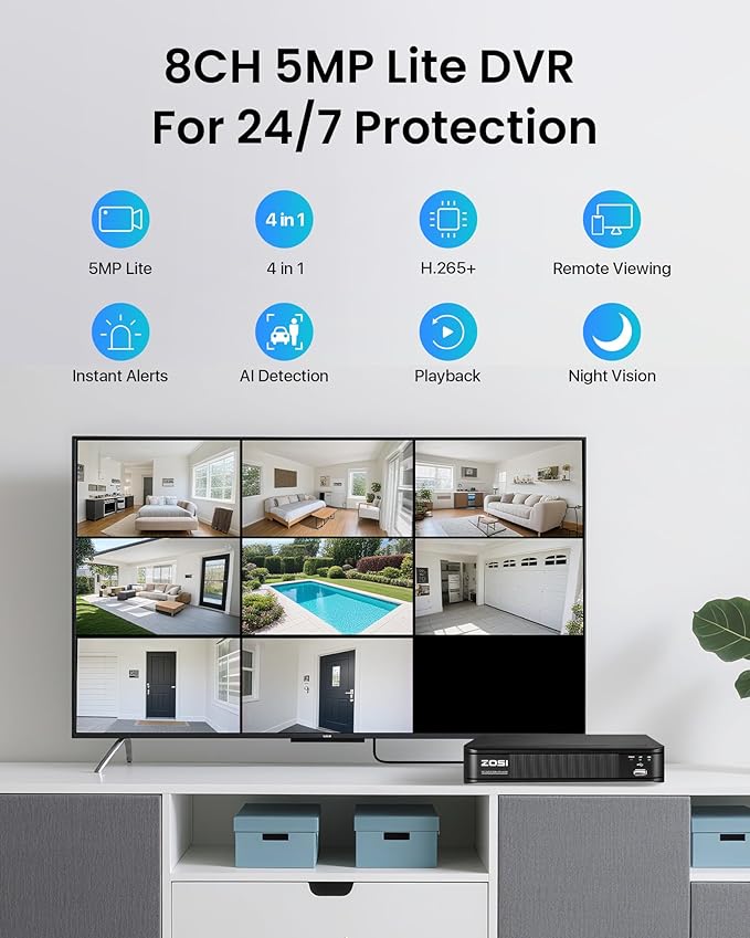 ZOSI H.265+ Full 1080p Home Security Camera System with AI Human Vehicle Detection, 8 Channel 5MP-Lite CCTV DVR (No HDD), 4 x 1080p Weatherproof Surveillance Camera Outdoor Indoor, 80ft Night Vision