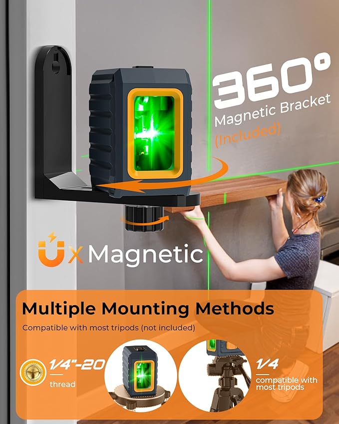 Laser Level, CIGMAN CM-G01 Self-Leveling Green Cross Line Laser, 100ft Range, 4 Brightness Levels Up to 28H Runtime, Compact 6.4oz, IP54, Magnetic Bracket, for Picture Hanging, Tile, DIY & Renovation
