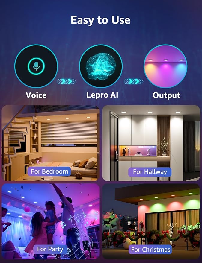 Lepro R2 AI 6 inch LED Recessed Light - Personalized AI Lighting Designer, Dimmable Wafer Lights RGBCW Sync with Music, Smart Canless Downlights Work Alexa & Google Assistant, 12W 1050 Lumen, 2-Pack