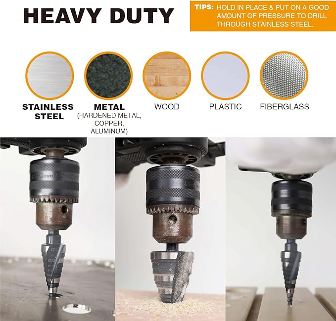 3/16 to 7/8 Inch Step Drill Bit Straight Grooved Double Fluted, M2 High Speed Steel Drill bits for Hole Drilling in Stainless Steel, Copper, Aluminum, Wood, Plastic