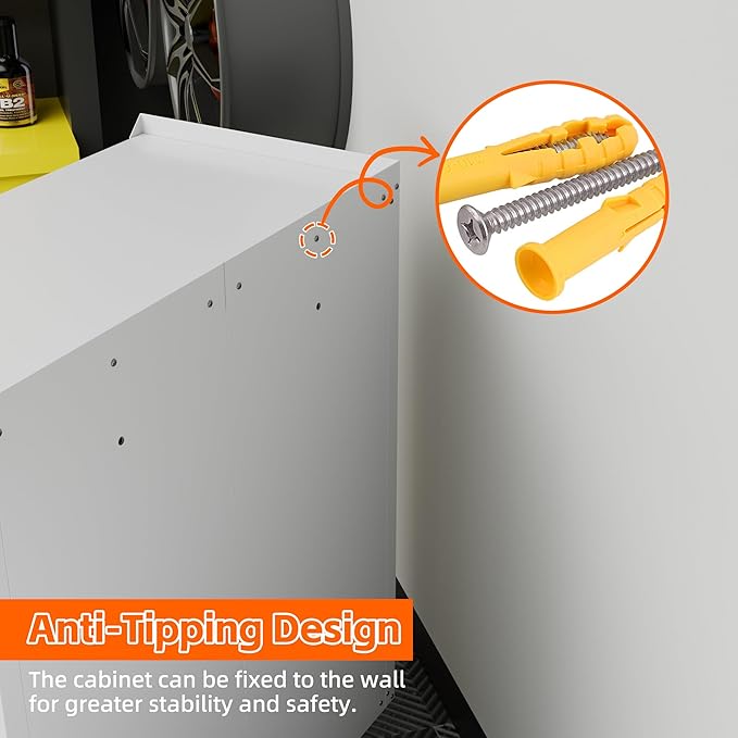 Garage Storage Cabinet with Wheels & Pegboard, 34.3" H Locking Metal Tool Storage Cabinet with Doors and Shelf & 4 Hooks for Garage, Home, Workshops, Assembly Required, White