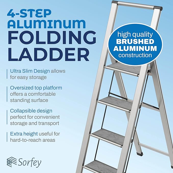 Step Ladder 4 Step Folding, Decorative - Beautiful Gray Wood & Silver Aluminum, Ultra Slim Profile, Anti Slip Steps, Sturdy-Portable for Home, Office, Kitchen, Photography Use,by SORFEY