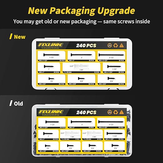 Wood Screws Assortment Kit, FIXLINK 240 PCS High Hardness Flat Head Wood Screws Set, Phillips Drive Assorted Screws, Contain 15PC Anchors and 8 Size (2-1/2”,2”,1-1/2”,1-1/4”,1”,3/4”,5/8”,1/2”), Black