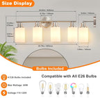 DLLT 4-Light Bathroom Light Fixtures: Nickel Modern Vanity Lights with E26 Bulbs - Milky White Glass Shade Bathroom Wall Lamp for Mirror Kitchen Living Room Hallway Cabinet Porch