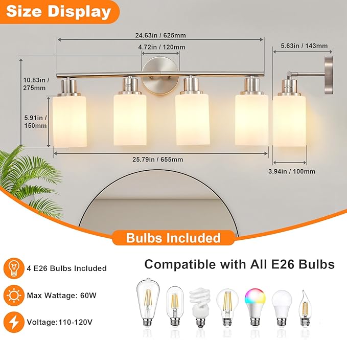 DLLT 4-Light Bathroom Light Fixtures: Nickel Modern Vanity Lights with E26 Bulbs - Milky White Glass Shade Bathroom Wall Lamp for Mirror Kitchen Living Room Hallway Cabinet Porch