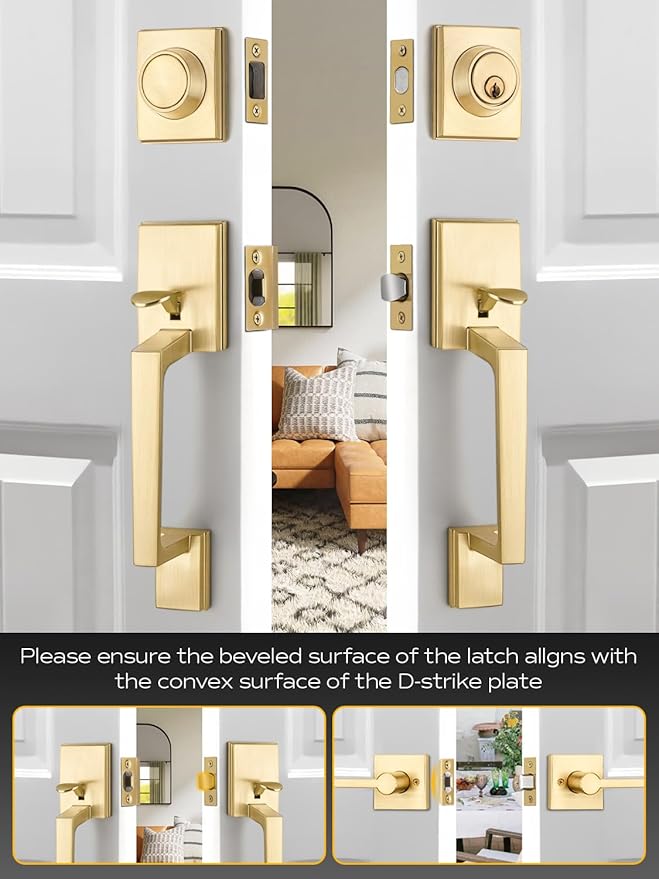 EHOMEWARE Double Front Door Handle Set, 1 Pack Satin Brass Square Door Lever, Exterior Door Knob & Deadbolt Combo, Door Lock Set for Front/Back/Office Doors, Heavy Duty Door Handle