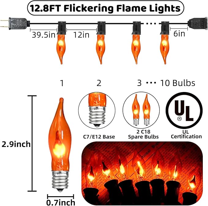 Flickering Flame String Lights Orange Halloween Lights with 10 Pack C7 Orange Flickering Light Bulbs, 12.8Ft Flame String Lights for Fall Decor Halloween Decorations for Home Party Yard Porch