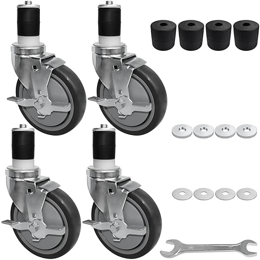 MySit 5 Inches Prep Table Wheels Set of 4, Expanding Stem Casters with Side Brake Fit 1-1/2", 1-5/8", 1-3/4", 1-7/8"ID Tube Pipe Legs for Stainless Steel Kitchen Cart, Wire Shelving Racks