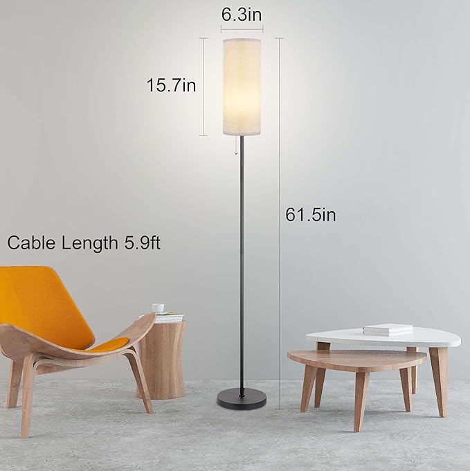 Floor Lamp for Living Room, Modern Standing Lamps with Lampshade, Minimalist Tall Lamp with Chain Switch for Living Room, LED Bulb Included (Gray Shade)