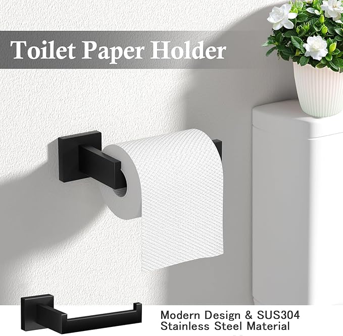 5-PCS 23.6inch Bathroom Hardware Set,Include 23.6" Towel Holder, Hand Towel Ring,Toilet Paper Holder,2pcs Robe Hook-Matte Black