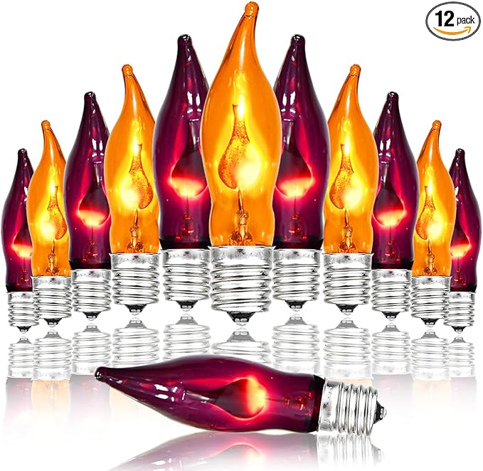 12 Pack C7 Clear Orange and Purple Flickering Flame Replacement Bulbs for String Lights Outdoor, E12 Screw Base, Flame Bulbs for Halloween Indoor Outdoor Roofline Garden Patio Party Decorations