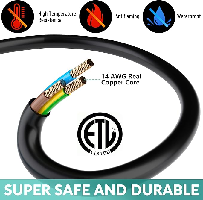 Outdoor Extension Cord 40 Ft with 3 Outlets, 14/3 SJTW 3 Prong Grounded Power Cord, 14 Gauge 14AWG Heavy Duty Power Cable, ETL Listed, 15 Amp 125 V 1875 W-Multiple Outlets for Indoor/Outdoor-Black