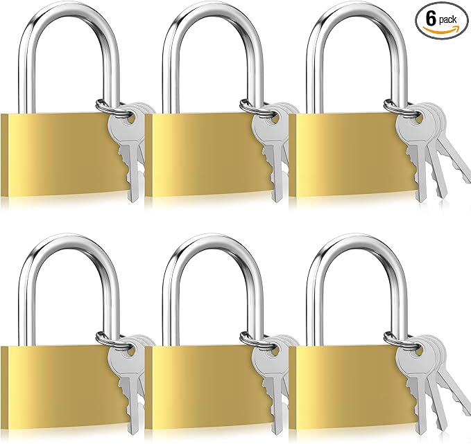 6pcs Solid Brass Keyed Padlock, Small Yellow Gym Lock, Strong Padlock with Same Key for Luggage Toolbox (60mm)