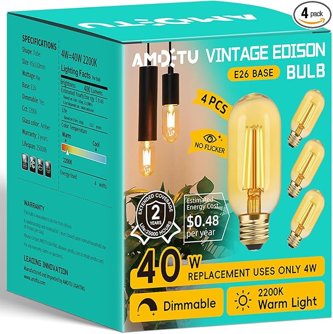 AMDTU LED Edison Bulbs 40 watt Dimmable, Straight Filament Vintage 4W E26 Bulb 40W Equivalent, Warm Yellow 2200K E26 Edison Bulb,T45 Amber Glass Tubular Light Bulbs, AC120V, 400LM, UL Listed, 4 Pack