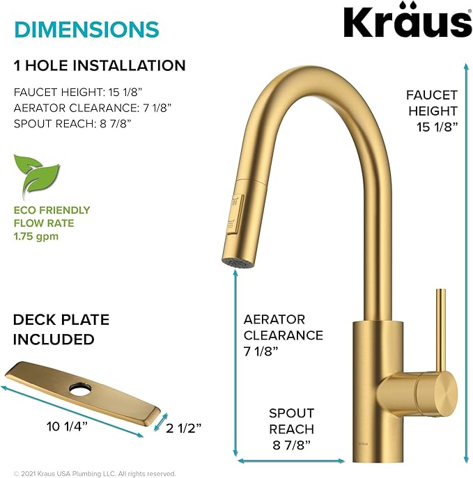 KRAUS Oletto Single Handle Pull Down Kitchen Faucet with QuickDock Top Mount Installation Assembly in Spot-Free Brushed Brass, KPF-2620BB