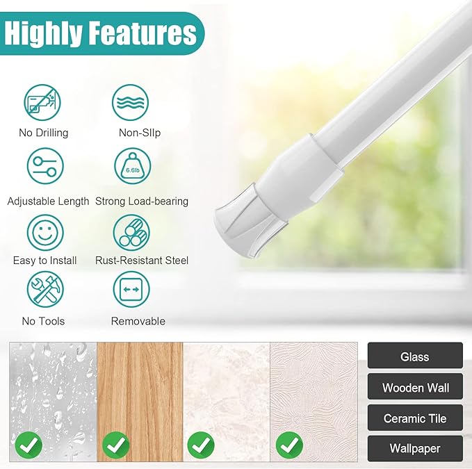 2 Pcs Window Security Bars Adjustable Spring Tension Rod Sliding Glass Door Stick for Door with Rubber Tips, 1.3 cm in Diameter, Extends from 15.8-27.6 Inch, White