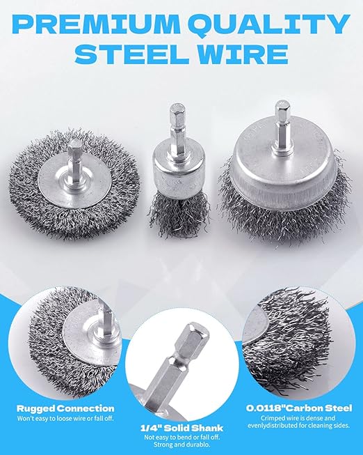 60 Pack Rocaris Carbon Steel Wire Wheel Brush Set - Cup, Wheel, and Pen Brushes With 1/4-Inch Hex Shank for Rust Removal, Corrosion and Scrub Surfaces