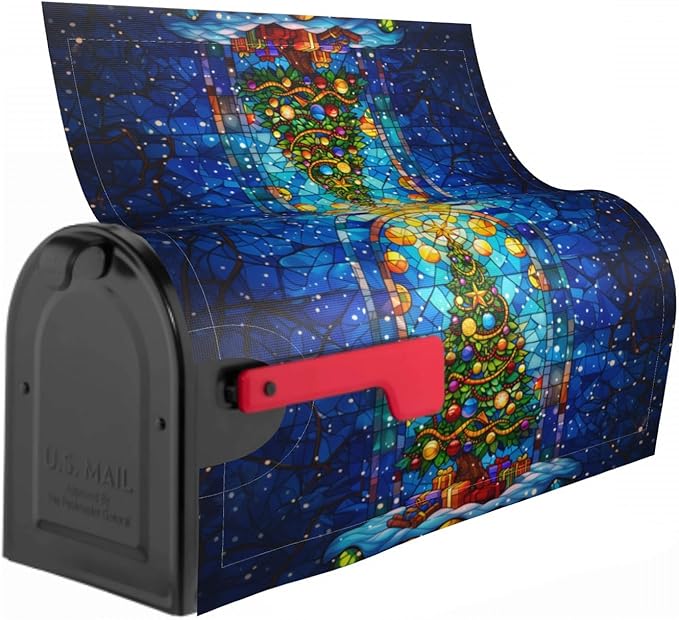 Christmas Tree Stained Glass Blue Winter Mailbox Cover - Magnetic Oversized 25.5 x 21 Holiday Xmas Decorations - Happy New Year Wrap