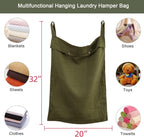 Linen Hanging Laundry Bag, 100% Linen Over The Door Laundry Hamper with Buttons and Zipper, Space Saving Door Hampers for Laundry Dirty Clothes Home Travel, Green