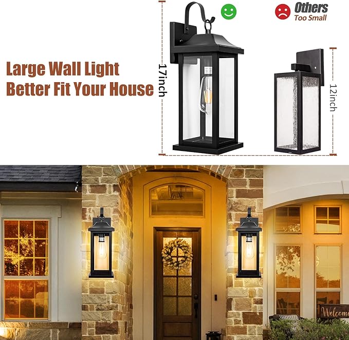 2-Pack 17 Inch Large Outdoor Light Fixtures, Exterior Matte Black Wall Sconces IP65 Waterproof Anti-Rust, Porch Lights with Clear Glass Outside Modern Wall Lanterns E26 Bulb Base