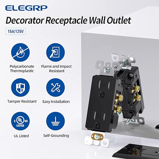 ELEGRP Decorator Wall Receptacle Outlet, Tamper Resistant 15 Amp Standard Electrical Wall Outlet, Residential Grade, Self-grounding, 125V, 2 Pole 3 Wire, 5-15R, UL Listed, Glossy Black, 50 Pack