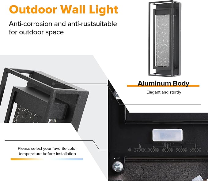 LUTEC Outdoor Wall Light Fixtures, 5 Color Temperature Porch Light Wall Sconce with Crystal Bubble Glass,Waterproof Outdoor Wall Lanterns, Modern Outside Lights for House Front Door Garage, Black