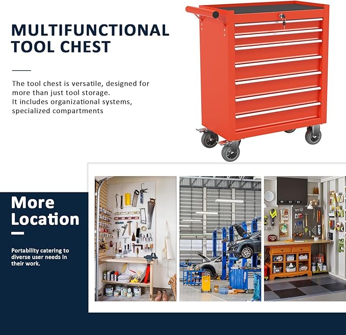 7-Drawer Metal Rolling Tool Chest with Wheels,Tool Storage Cabinet with Locking System，Toolbox with Wheels for Garage,Workshop, Repair Shop(Red, 7-Drawer)