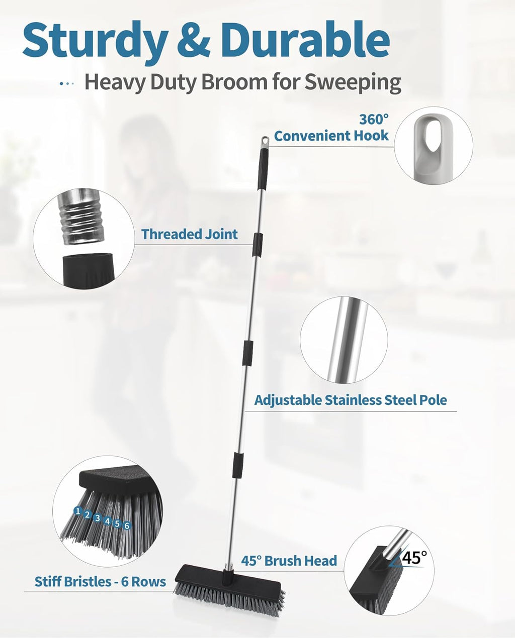 LandHope Hard Bristle Deck Broom Adjustable Long Handle Scrub Brush Heavy Duty Concrete Push Broom Outdoor Brush Garage Broom Wood Large Floor Scrubber 28-52 inch Balcony -Multi Segment Handle