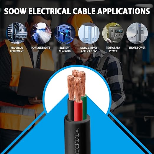 20ft 8/4 8 AWG Portable Power Cable (4 Conductor) - SOOW 600V 8 Gauge Electric Wire for Motor Leads, Portable Lights, Battery Chargers and Machinery - 4 Conductor - 20 Feet Electrical Cord