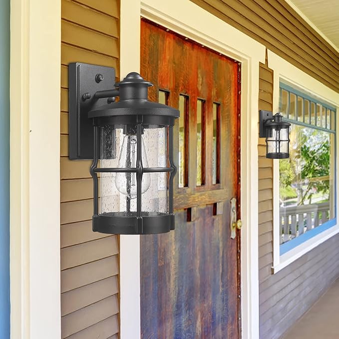 Outdoor Wall Sconces, Dusk to Dawn Outdoor Lights, Exterior Wall Mount Lighting, Entryway Light Fixture in Black Finish with Seeded Glass