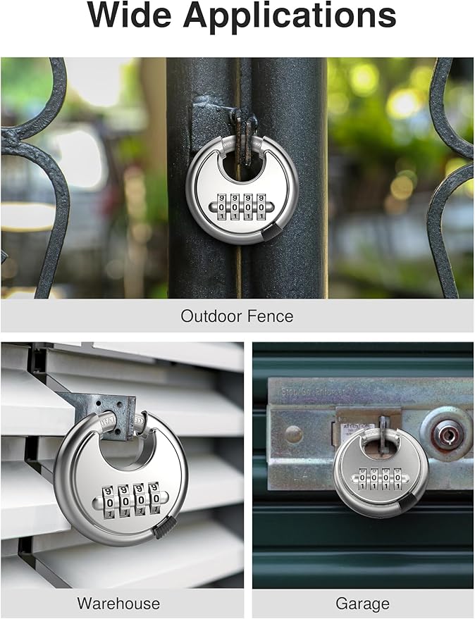 Puroma Combination Lock, Stainless Steel Disc Padlock with Hardened Steel Shackle, Keyless Heavy Duty Combo Lock for Outdoor Sheds Fence, Gate Hasps, Storage Unit, School Gym Locker (1 Pack, ‎Silver)