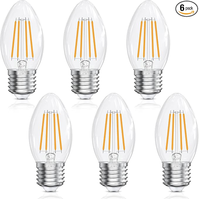 LED Candelabra Bulbs B10, E26 Base, 2700K Soft White, 6W, 60 watt Equivalent, 600LM, Clear Glass Candle Shape Bulbs for Chandelier Light Fixture, Non-Dimmable, 6 Pack
