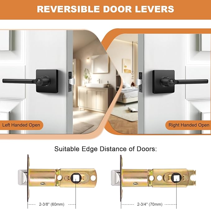 Probrico Privacy Black Door Handle Interior Lockset Heavy Duty Square Door Lever for Bedroom or Bathroom Reversible Keyless Slim Handleset Door Knob 4 Pack