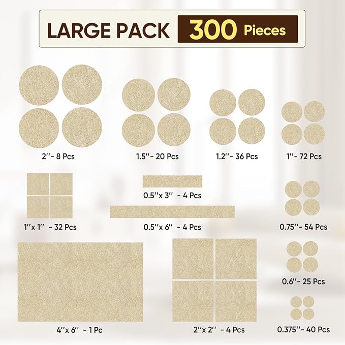 BALEINE 300PCS Felt Furniture Pads, Multi-Size Felt Pads for Chair Legs, Tables, Beds, Scratch-Reducing Floor Protectors for Hardwood Floors, Tile, Vinyl, and Laminate (300PCS, Beige)