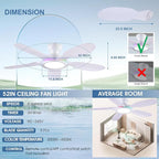 52 Inch Ceiling Fans with Lights and Remote/APP Control, Low Profile Ceiling Fans with Dimmable White + RGB Ring Lights, 6 Speeds 5 Curved Blades for Kids Room Bedroom Bar, White