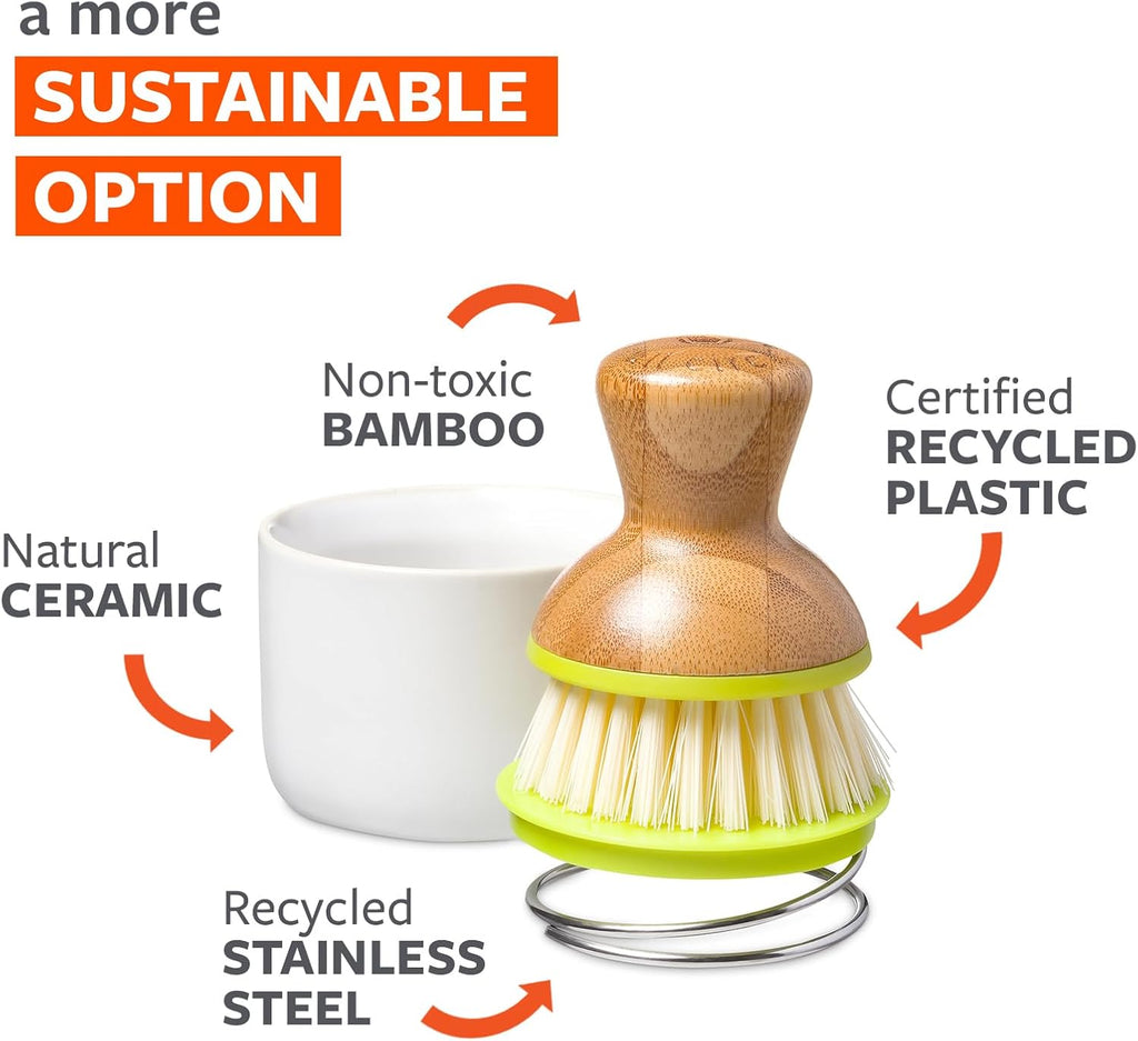 Full Circle Bubble Up- Eco-Friendly Bamboo Dish Brush & Ceramic Soap Dispenser - Natural Scrub Set for Dishes, Cast Iron - Kitchen Cleaning with Handle, White - 2 Pack