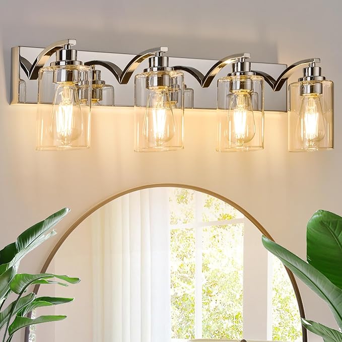 4-Light Bathroom Light Fixtures Modern Chrome Vanity Lights for Bathroom Lighting Fixtures Over Mirror with Clear Glass Shade for Cabinet Mirror Bedroom Hallway