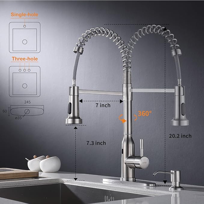 Touchless Kitchen Faucet,KEER Smart Motion Sensor Hands Free Single Handle Spring Kitchen Sink Faucet with Pull Down Sprayer,Brushed Nickel