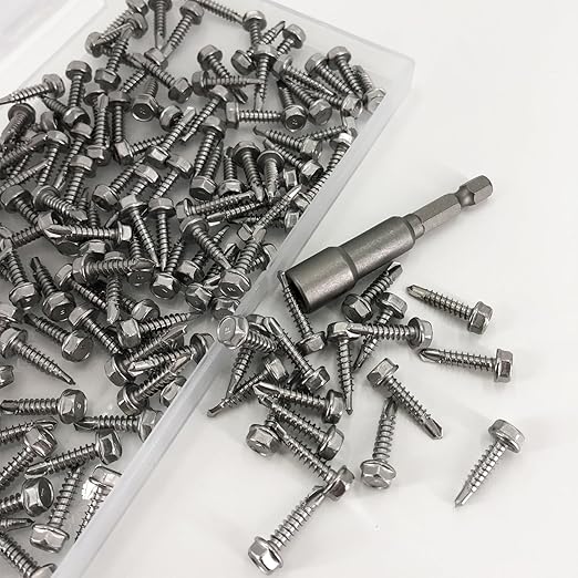 QSJ 160 PCS #8 x 3/4'' Sheet Metal Screws 410 Stainless Steel Hex Washer Head Fast Self Tapping Screws with Screwdriver