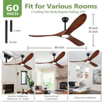 60 Inch Ceiling Fan with Lights,3CCT,Dimmable Mordern Wood Ceiling Fan with Remote for Indoor Farmhouse Bedroom Living Room Outdoor Patio Porch, Reversible DC Motor, Noiseless,Dark Walnut