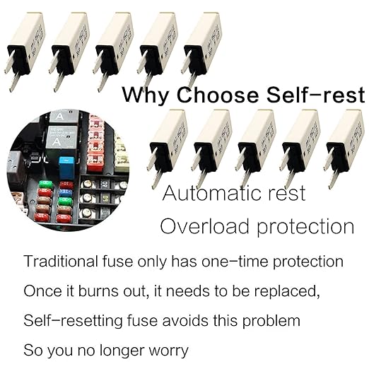 Auto Reset 25A 14V DC Mini Blade Fuse Kit 10-Piece Circuit Breaker Assortment for Car Truck RV ATM E71 T1 Compatible Heavy Duty Self-Resetting Protection