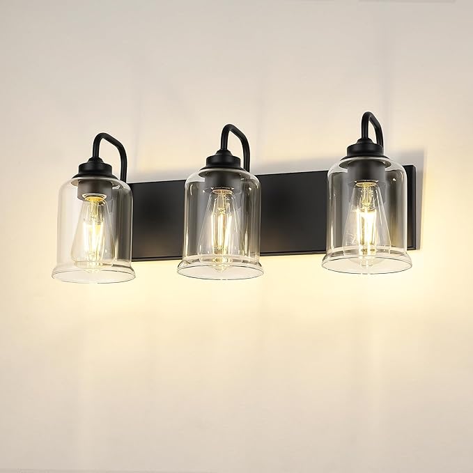 zeyu Black Bathroom Vanity Light, 20.5 Inch Bathroom Light Fixtures Over Mirror, 3-Light Modern Wall Sconces with Clear Glass Shade, ZSL72B-3W BK