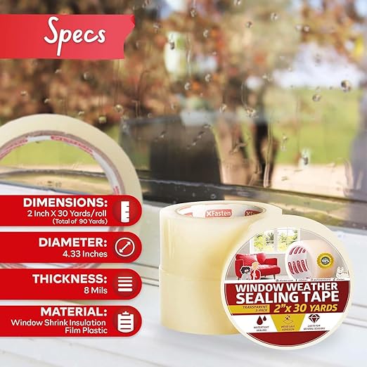 XFasten Transparent Window Weather Stripping Tape 2”x30yds (3-Pack Total 90yds), No Residue Insulation Tape for Windows and Doors, Winter Window Seal