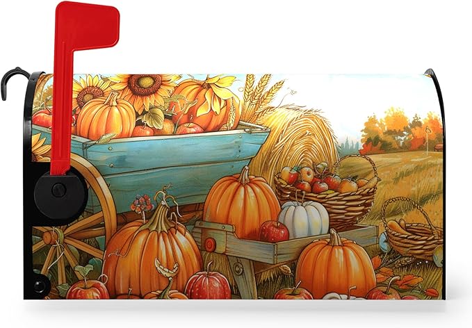 Fall Pumpkins Mailbox Covers Magnetic Standard Size 21 X 18 Inch Autumn Harvest Sunflower Mailbox Wraps Cover Farmhouse Seasonal Letterbox Covers for Garden Yard Outdoor Decor