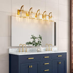 5-Light Crystal Vanity Light, Modern Gold Bathroom Wall Sconce with K9 Crystal Shades, 42.51" Long Over Mirror Lighting for Vanity, Makeup, Hallway, Elegant & Easy Installation