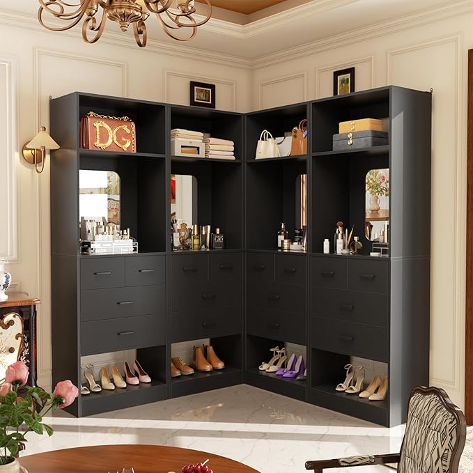 Unikito 50 Inch Closet System with Drawers, 4FT Sturdy Closets Organizer with Storage Shelves and Mirror Design, Freestanding Wood Walk in Closet Towers, Easy Assembly, Max Load 1000 LBS, Black